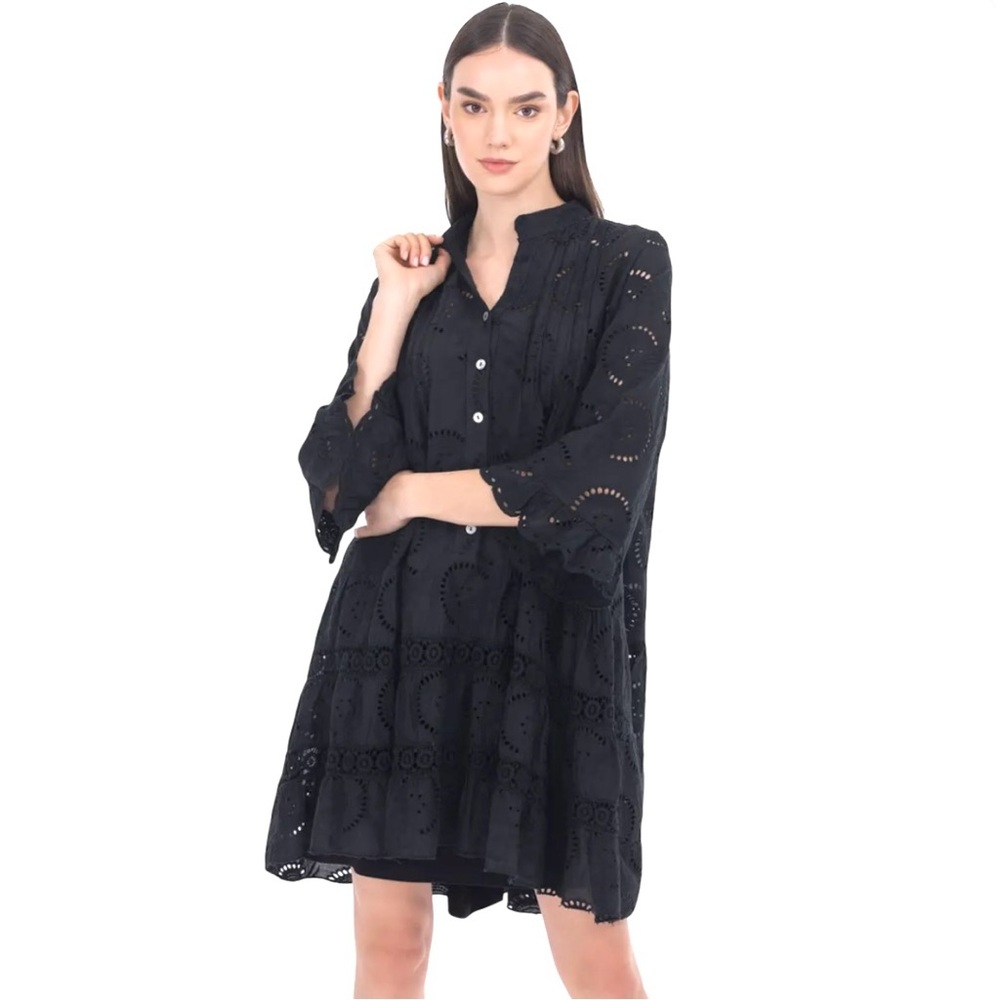 Babydoll Eyelet Tiered‎ Black Dress Mandarin Collar Embroidery Cotton Fairy Y2K